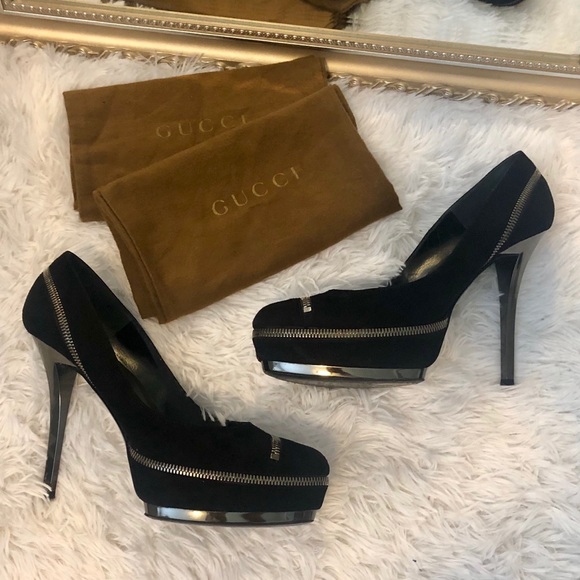 Gucci Shoes - Gucci zipper black suede pumps